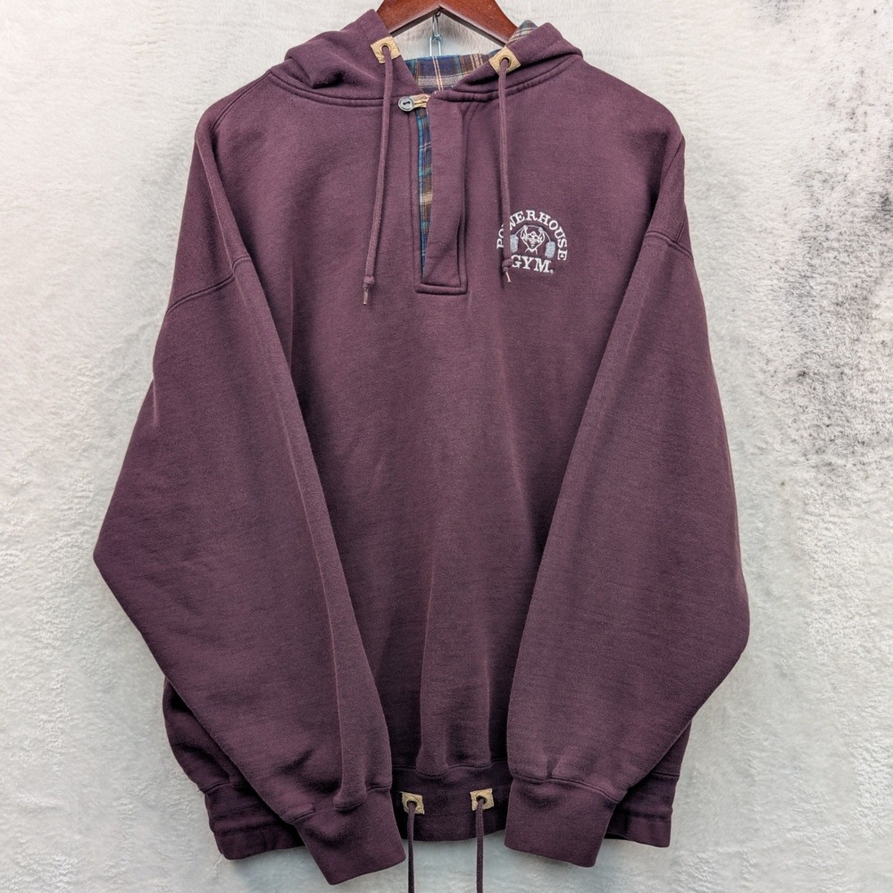 VTG Powerhouse Gym Hoodie Men's L Burgundy Plaid Lined Relaxed Embroidered 90s